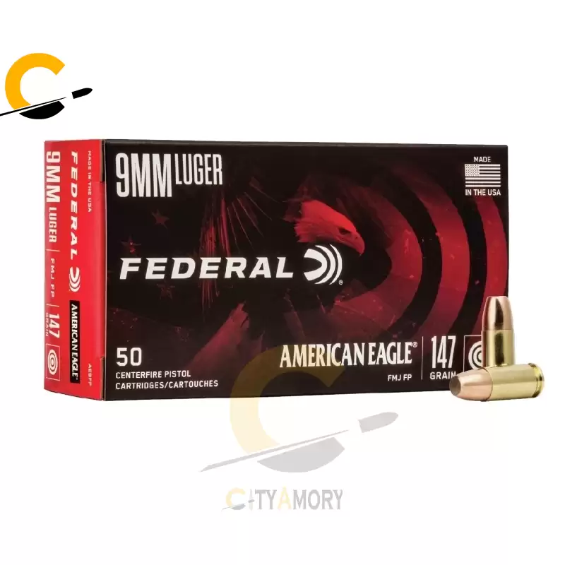 Federal 9mm 147 gr FMJ Flat Point American Eagle 50/Box